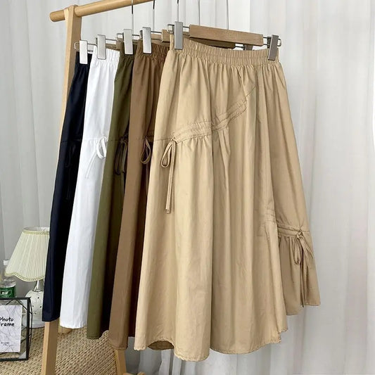 High Waist Midi A-Line Skirt Slimming Asymmetrical Tie Design Spring 2025 Women's Faion f-length Skirts