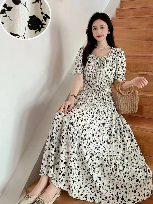 Summer New Cotton Silk Floral Print ort Sve Dr Young People Beach Midi Skirt High Waist A-Line Gown Soft Cotton Fabric