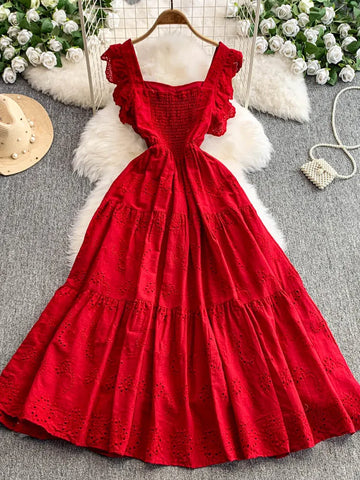 Ele Hollow out Embroidery Square Collar Dr Women Summer Faion High Waist Slimming Fairy Long Dr Vaion Sle