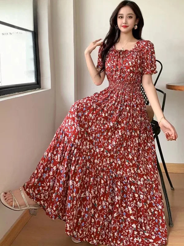 Summer New Cotton Silk Floral Print ort Sve Dr Young People Beach Midi Skirt High Waist A-Line Gown Soft Cotton Fabric