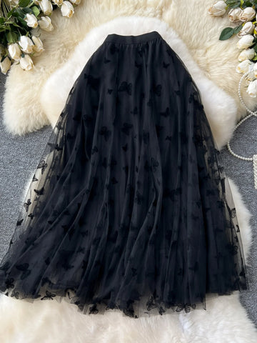 Ele High-Waisted A-Line Skirt with Heavy-Work Embroidery Me f Skirt Slimming Hip Covering Fairy Gown Korean Sle